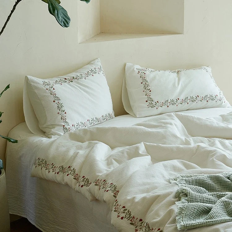 Duvet Cover Set Cotton Muslin Hand-Embroidered Zipper Closure