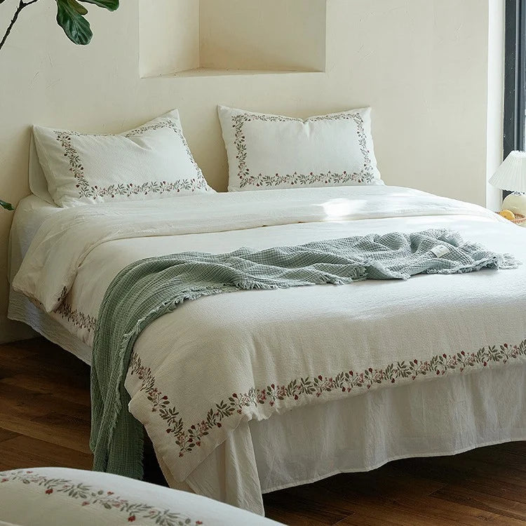 Duvet Cover Set Cotton Muslin Hand-Embroidered Zipper Closure