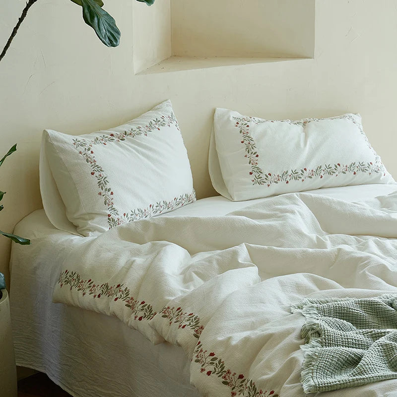Duvet Cover Set Cotton Muslin Hand-Embroidered Zipper Closure