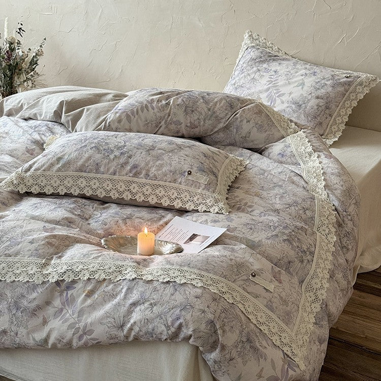 Duvet Cover Set Cotton Percale Breathable Lace Trim