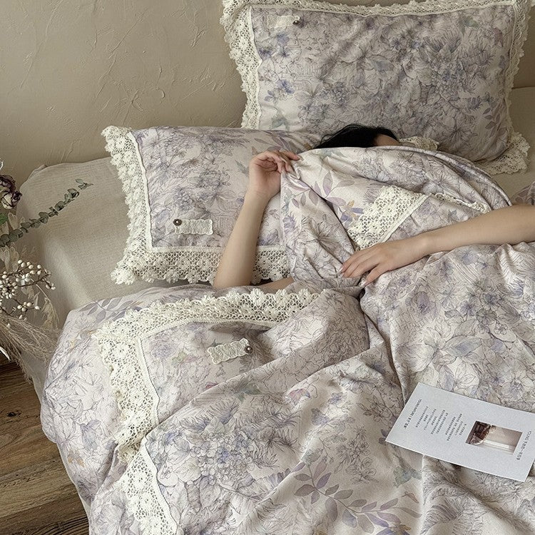 Duvet Cover Set Cotton Percale Breathable Lace Trim