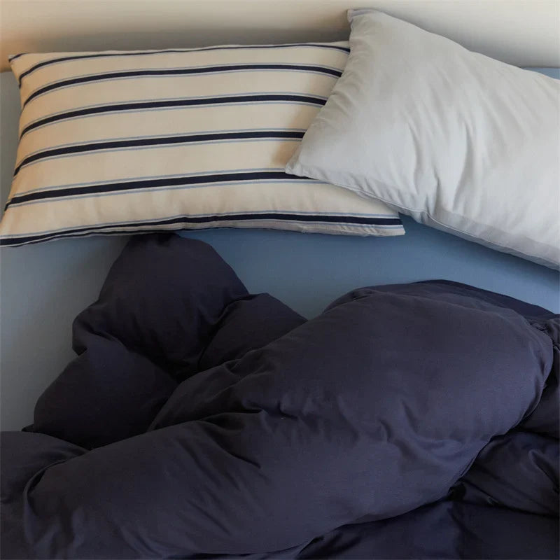 Duvet Cover Set Cotton Percale Breathable Striped Pillowcases