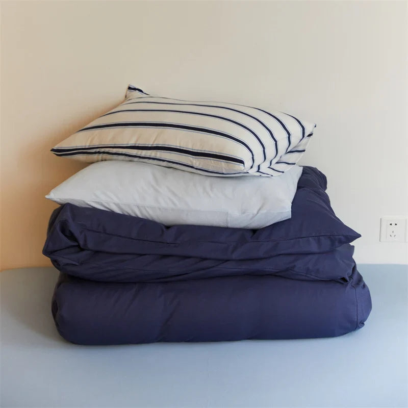 Duvet Cover Set Cotton Percale Breathable Striped Pillowcases