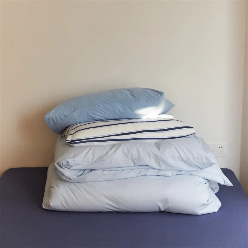 Duvet Cover Set Cotton Percale Breathable Striped Pillowcases