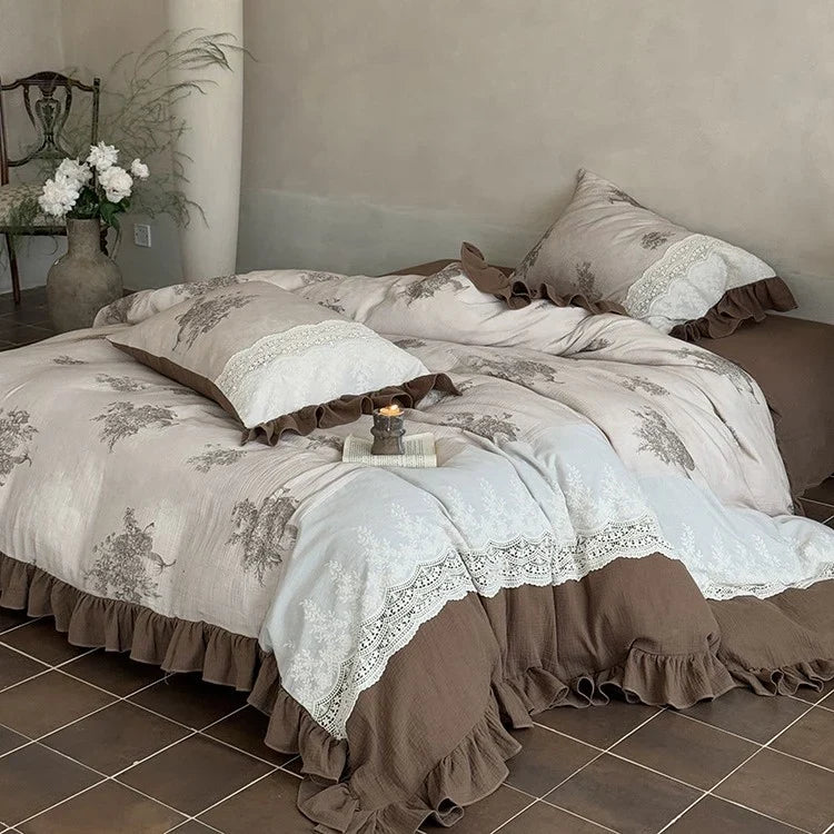 Duvet Cover Set Cotton Percale Floral Crochet Lace