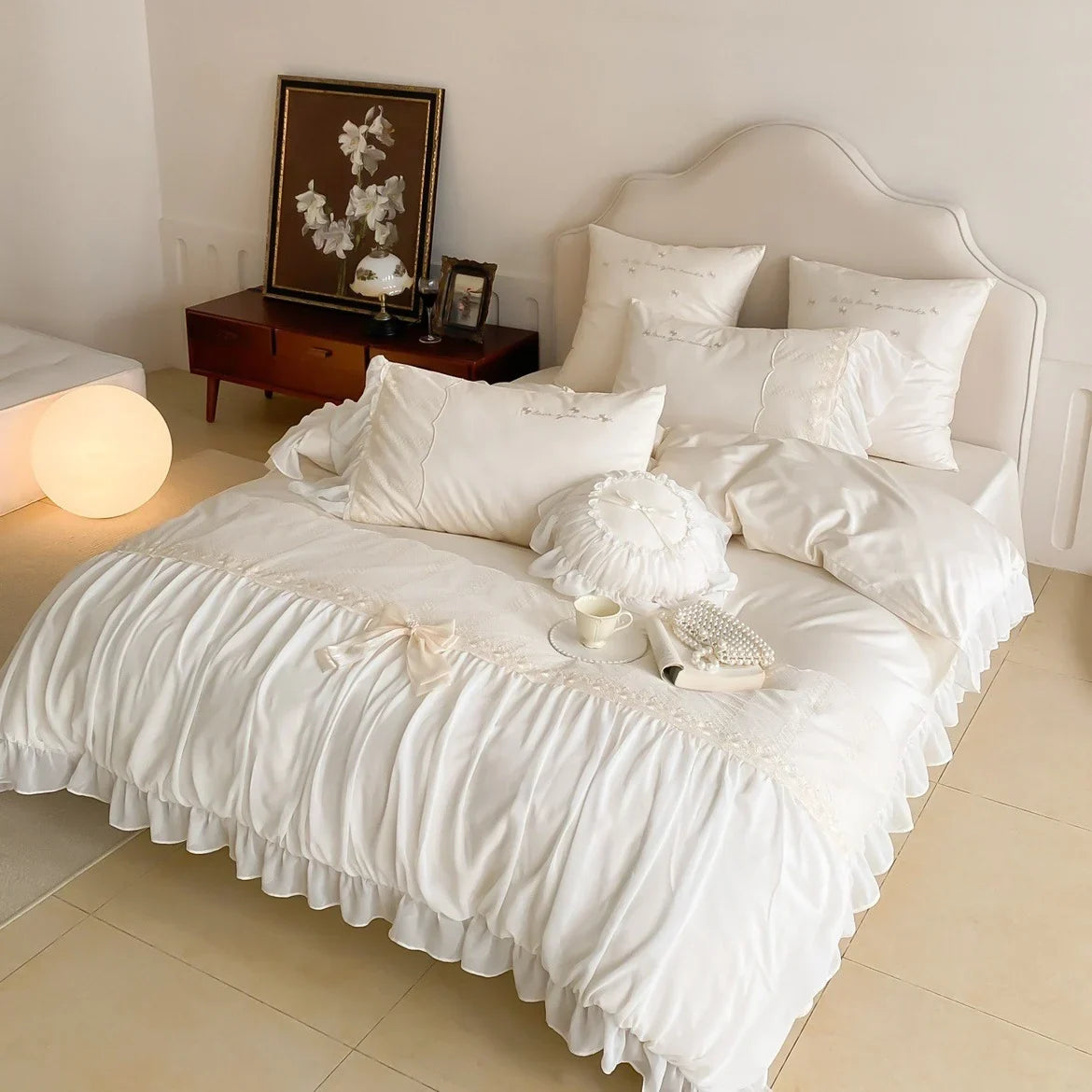 Duvet Cover Set Cotton Satin Blend Ruffle & Bow