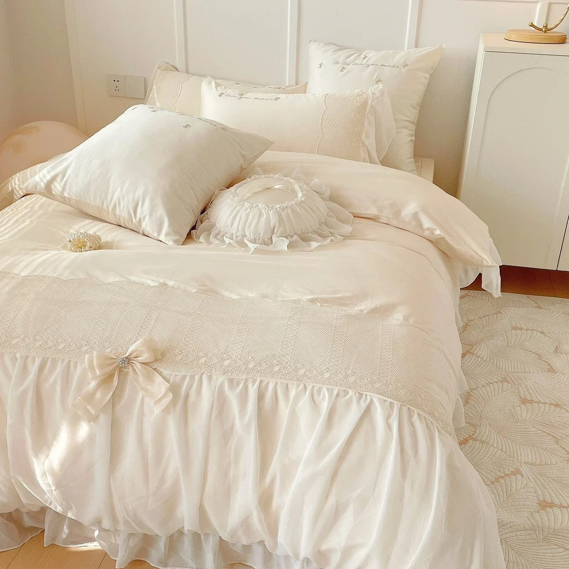 Duvet Cover Set Cotton Satin Blend Ruffle & Bow