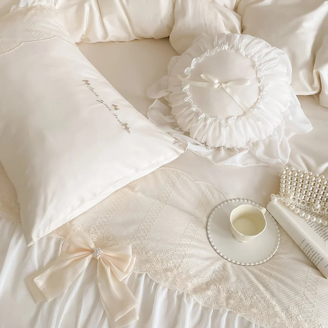 Duvet Cover Set Cotton Satin Blend Ruffle & Bow