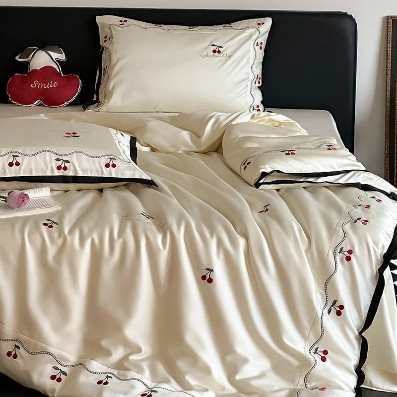 Duvet Cover Set Cotton Satin Cherry Applique & Piping