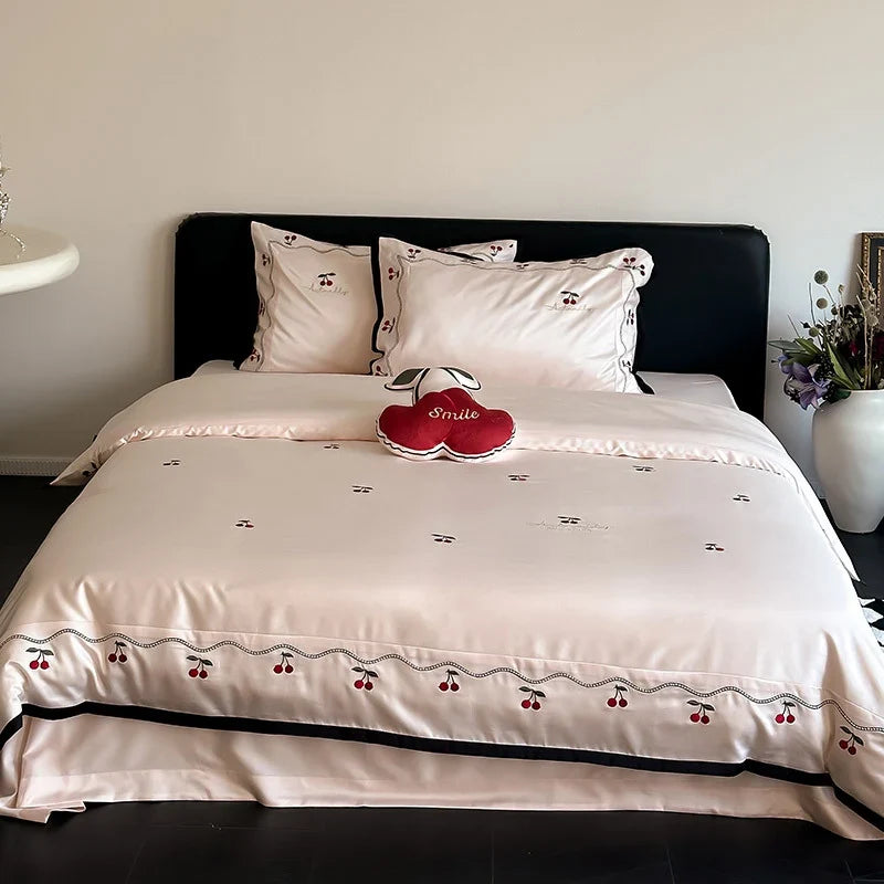 Duvet Cover Set Cotton Satin Cherry Applique & Piping