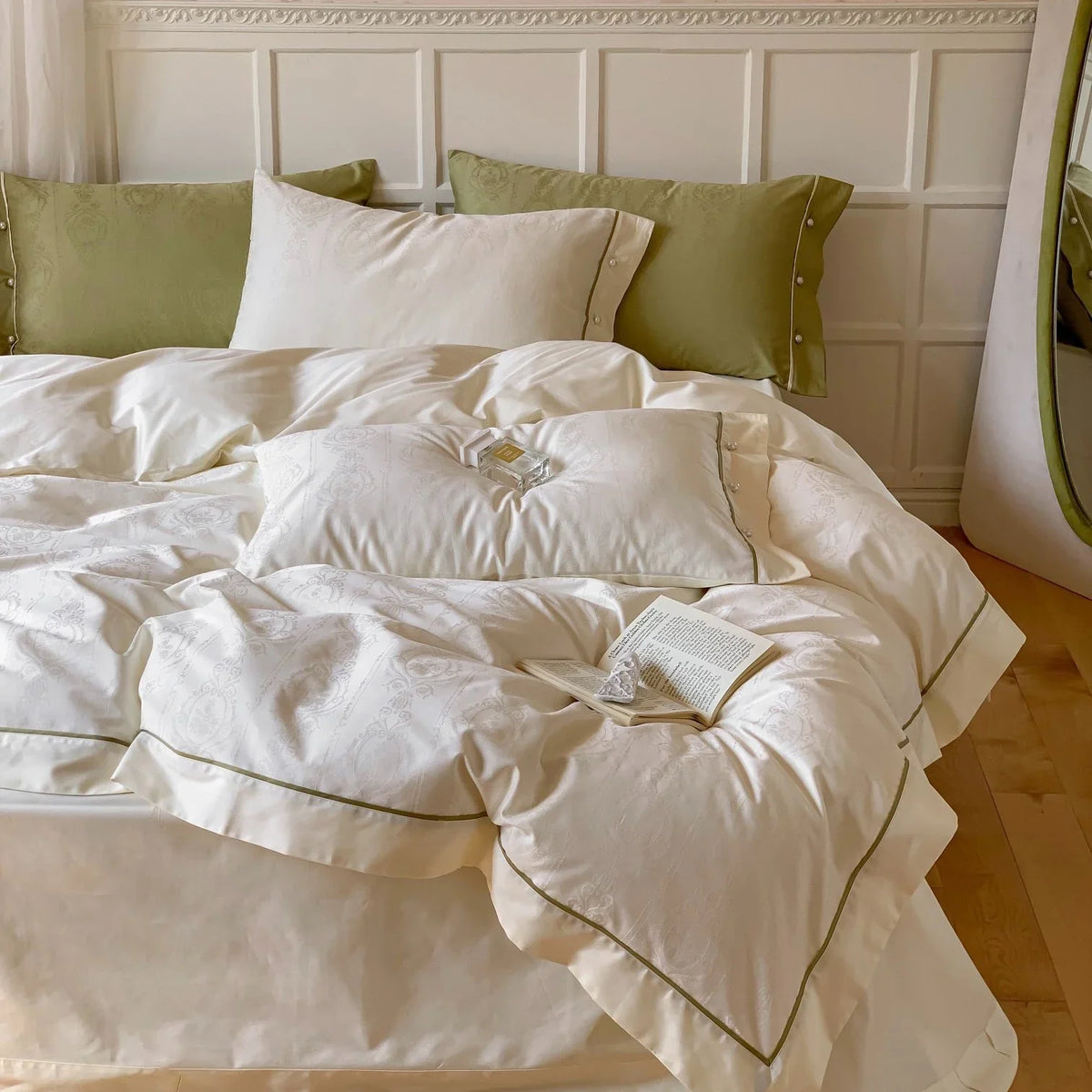 Duvet Cover Set Cotton Satin Damask Jacquard Contrasting Piping