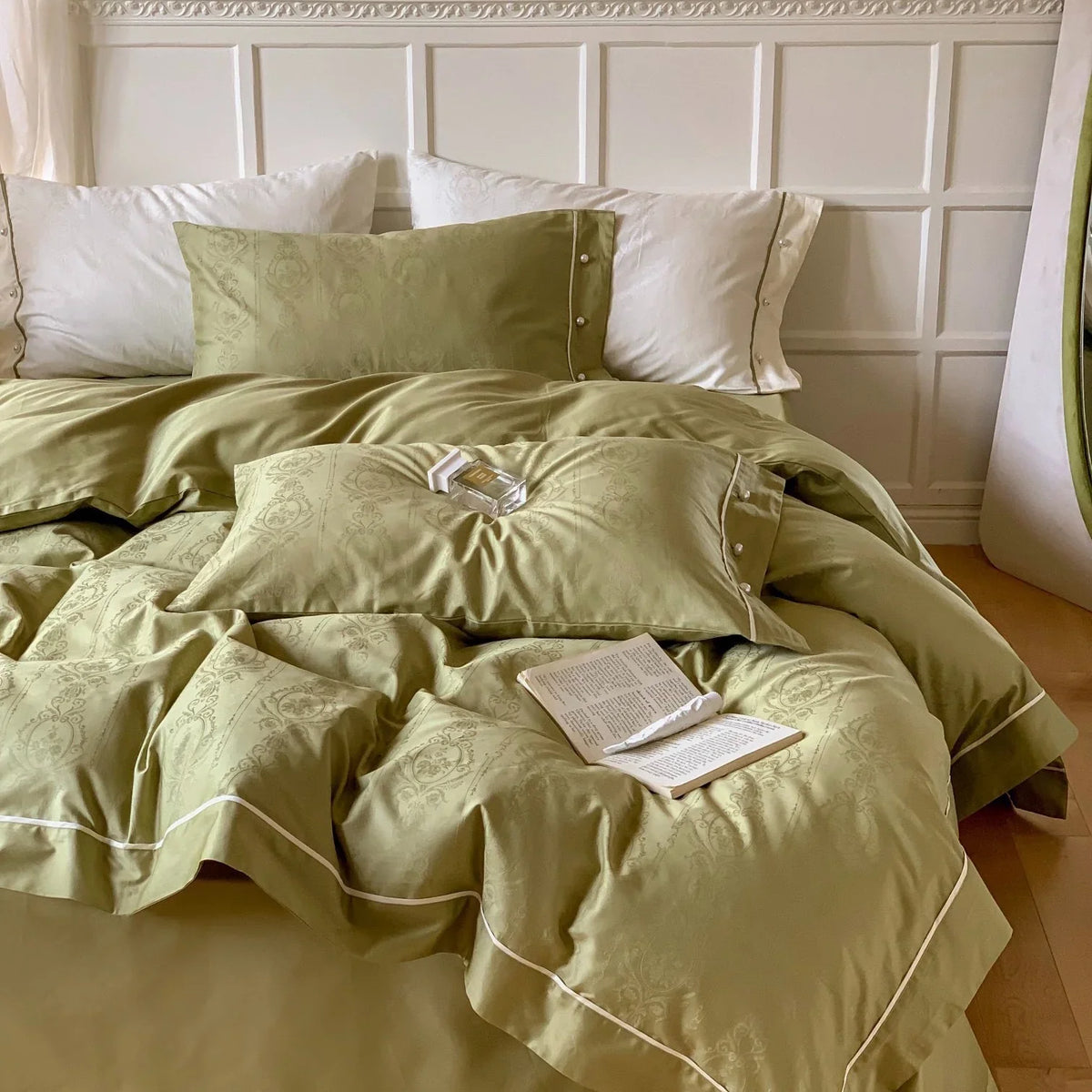 Duvet Cover Set Cotton Satin Damask Jacquard Contrasting Piping