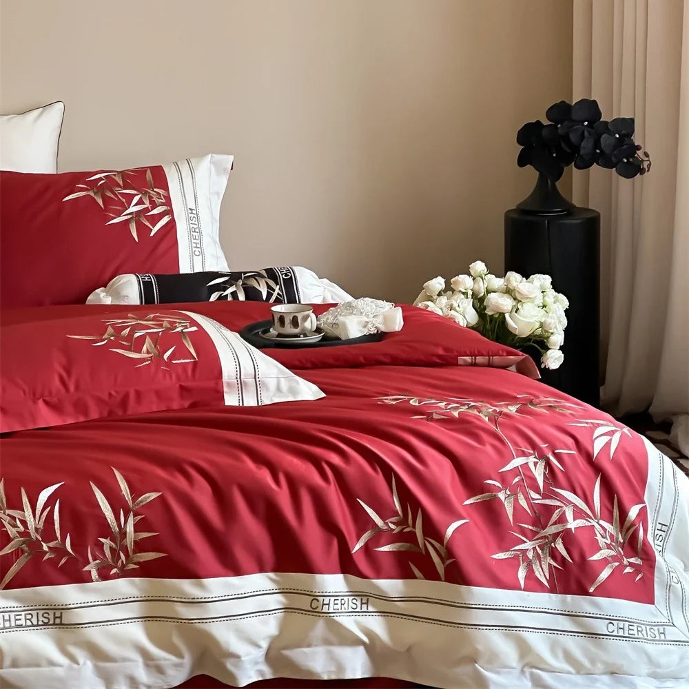 Duvet Cover Set Cotton Satin Embroidered Bamboo Easy Care