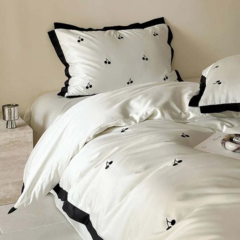 Duvet Cover Set Cotton Satin Embroidered Cherry