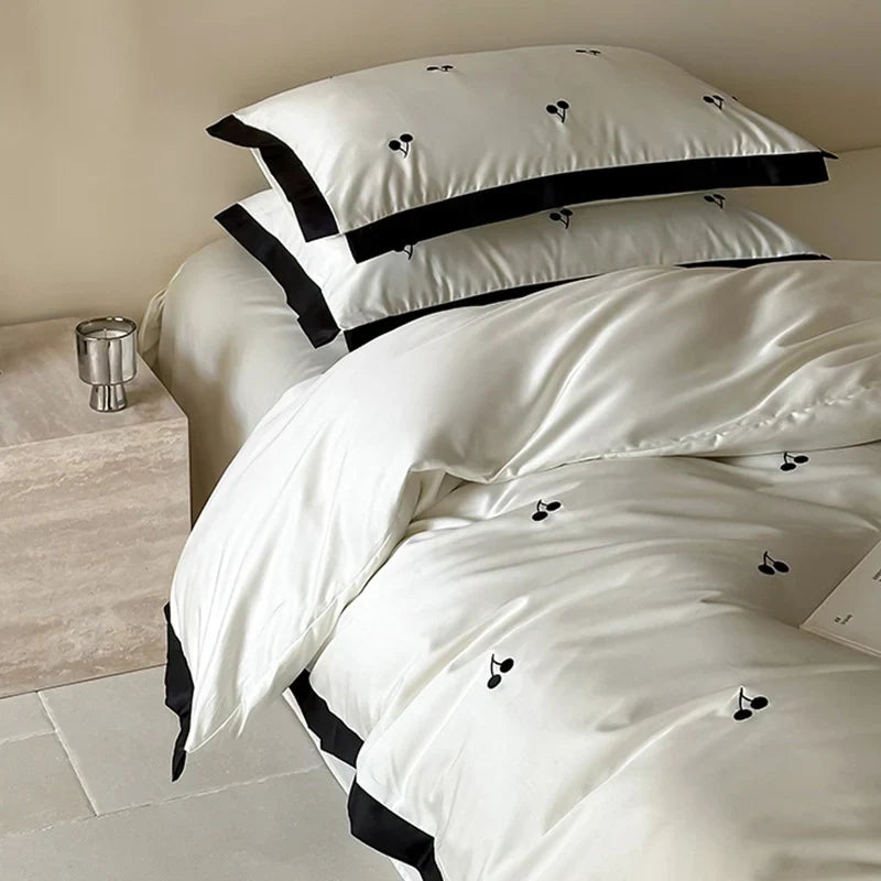 Duvet Cover Set Cotton Satin Embroidered Cherry