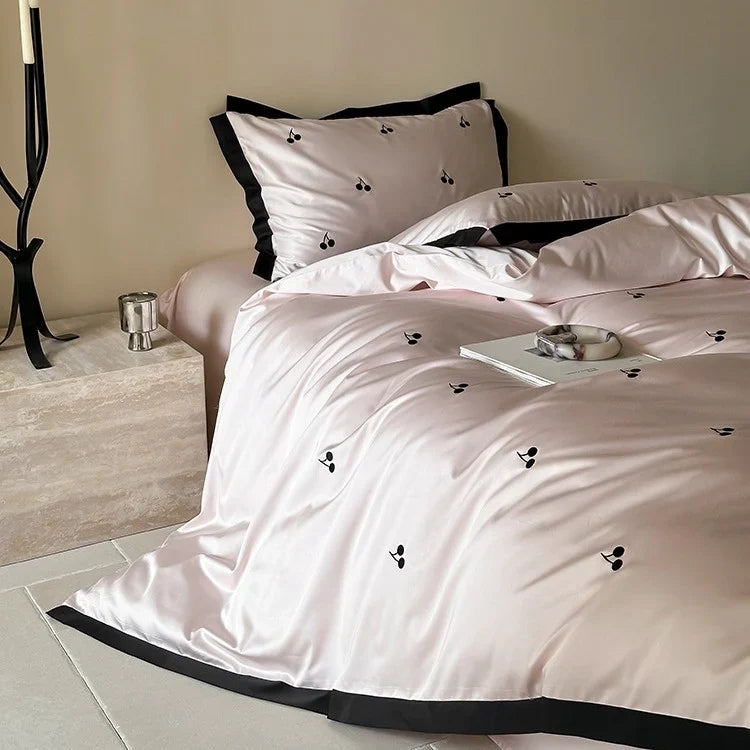 Duvet Cover Set Cotton Satin Embroidered Cherry