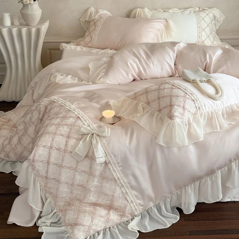 Duvet Cover Set Cotton Satin Embroidered Lace & Ruffles 4-Piece