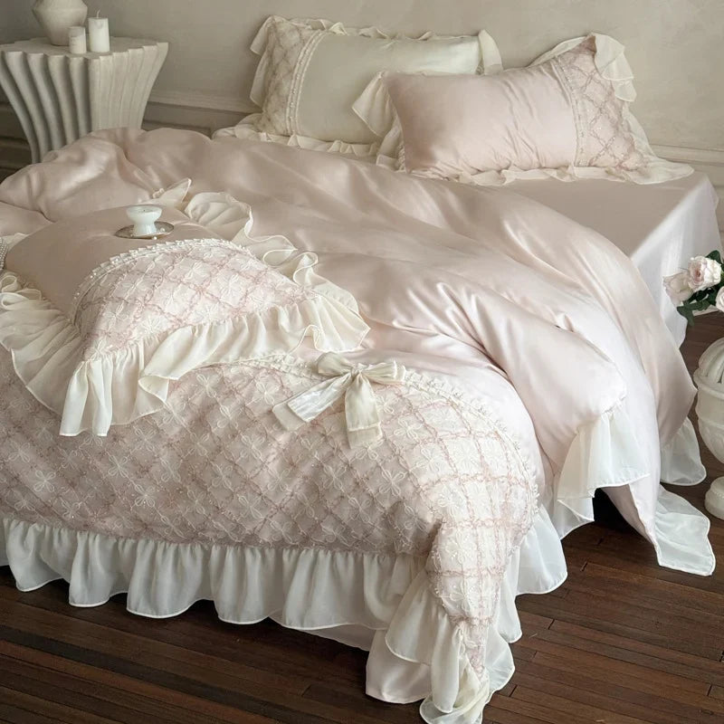 Duvet Cover Set Cotton Satin Embroidered Lace & Ruffles 4-Piece