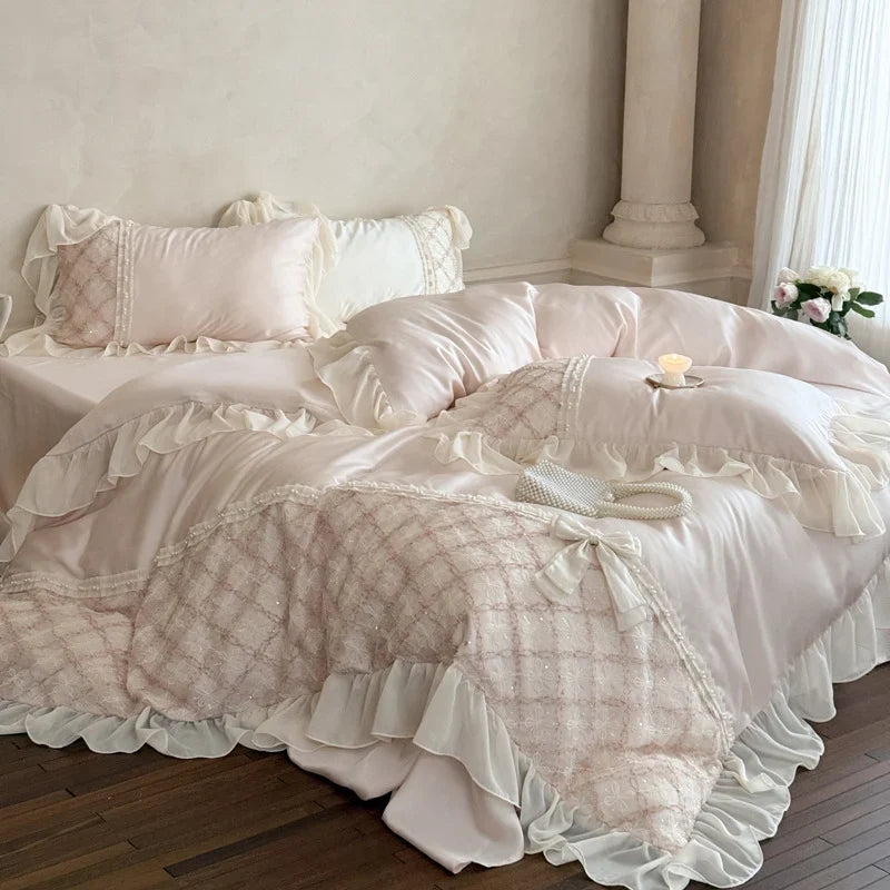 Duvet Cover Set Cotton Satin Embroidered Lace & Ruffles 4-Piece