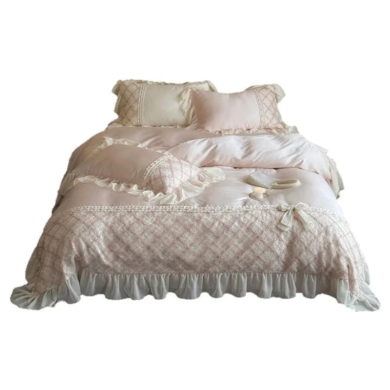 Duvet Cover Set Cotton Satin Embroidered Lace & Ruffles 4-Piece