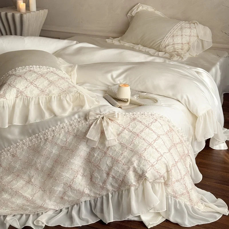 Duvet Cover Set Cotton Satin Embroidered Lace & Ruffles 4-Piece