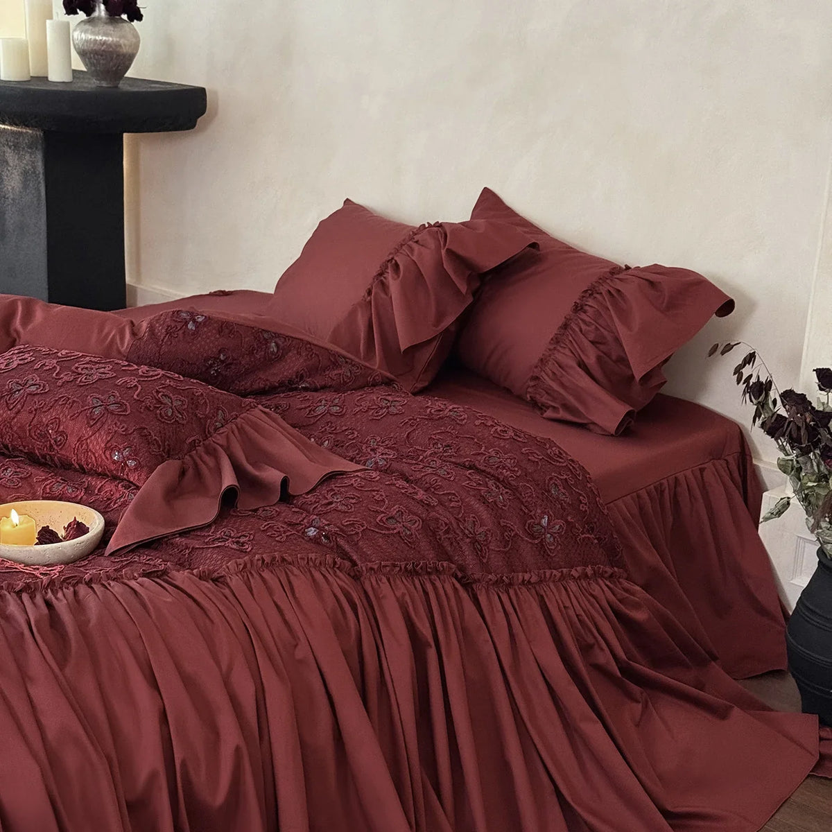 Duvet Cover Set Cotton Satin Embroidered Overlay Ruffled Edges