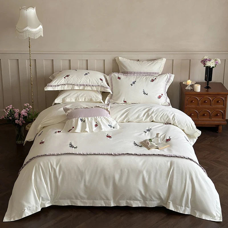Duvet Cover Set Cotton Satin Embroidered Wildflower