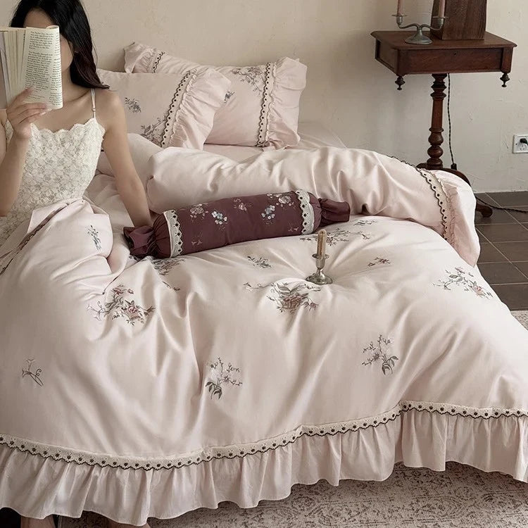 Duvet Cover Set Cotton Satin Floral Embroidery Lace Trim