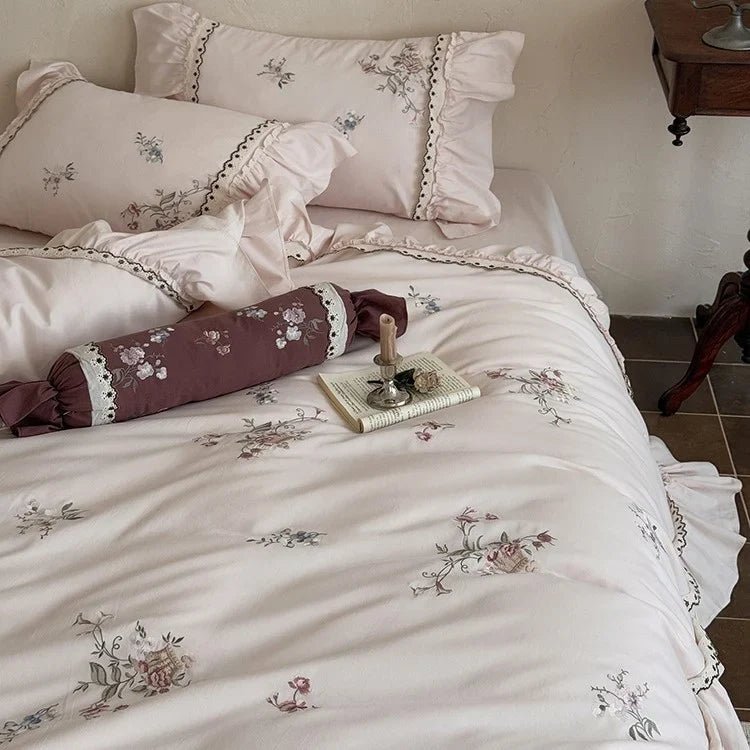 Duvet Cover Set Cotton Satin Floral Embroidery Lace Trim