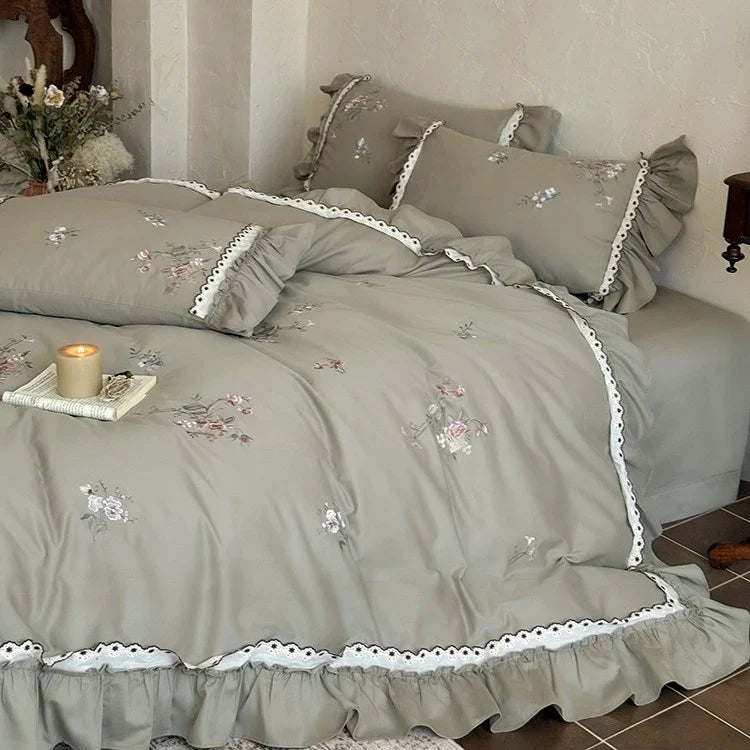 Duvet Cover Set Cotton Satin Floral Embroidery Lace Trim
