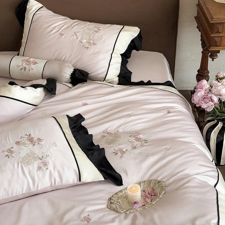 Duvet Cover Set Cotton Satin Floral Embroidery Machine Washable
