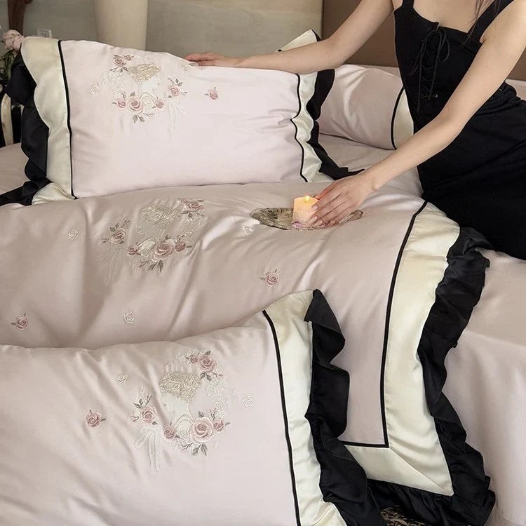 Duvet Cover Set Cotton Satin Floral Embroidery Machine Washable