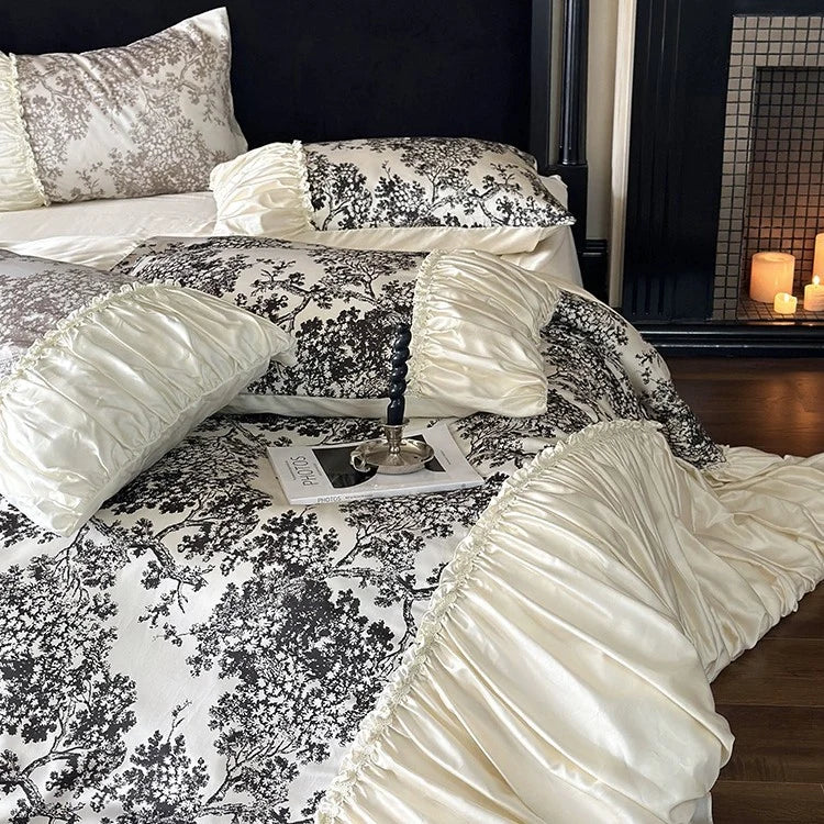 Duvet Cover Set Cotton Satin Floral Toile 4-Piece
