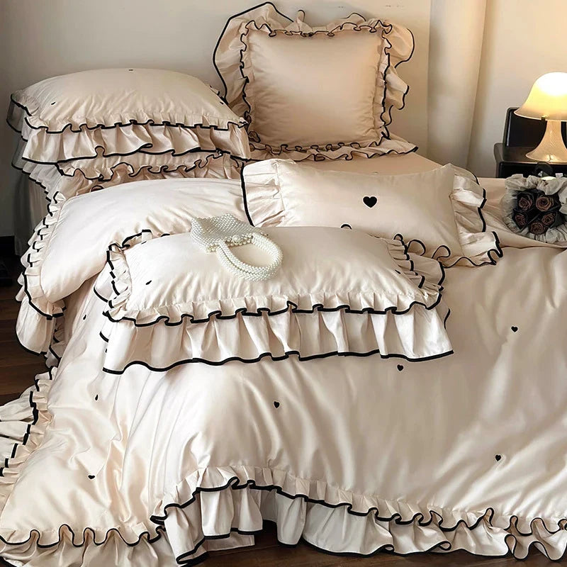 Duvet Cover Set Cotton Satin Heart Embroidery