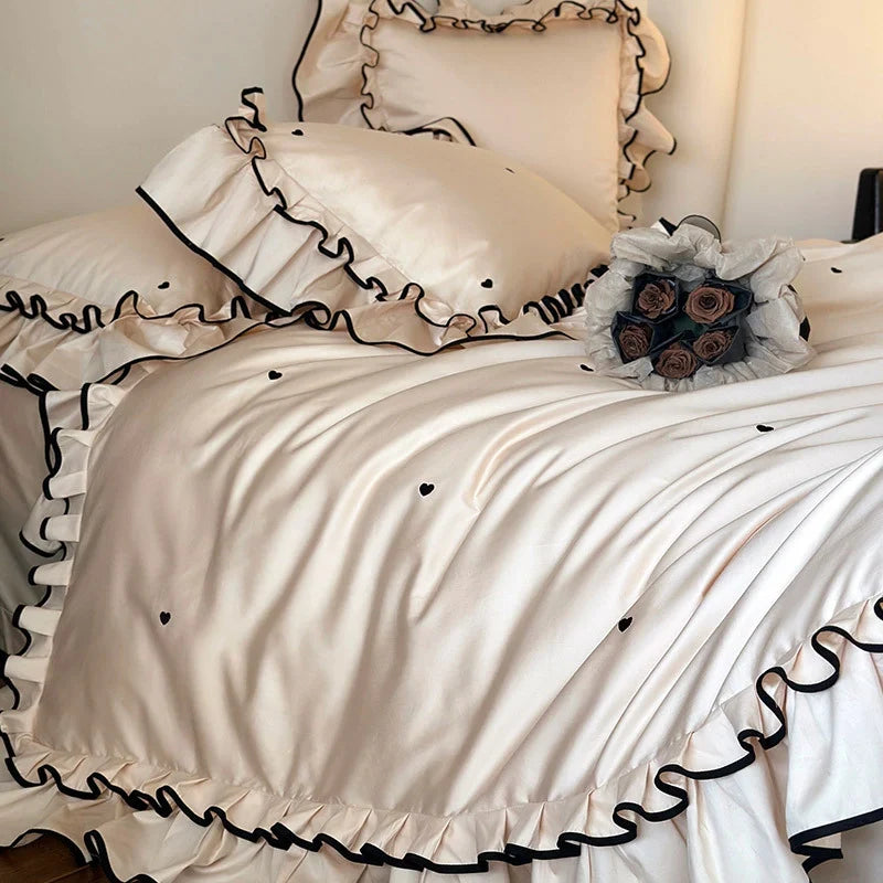 Duvet Cover Set Cotton Satin Heart Embroidery