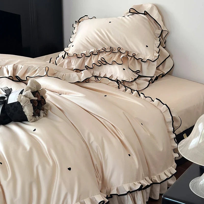 Duvet Cover Set Cotton Satin Heart Embroidery