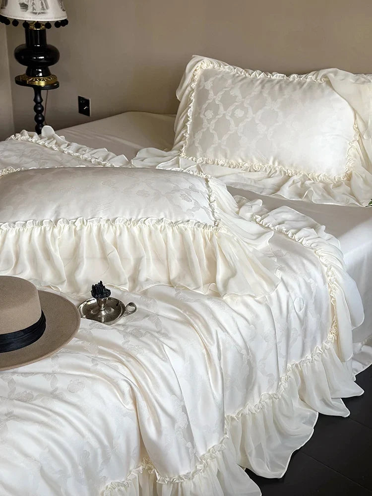 Duvet Cover Set Cotton Satin Jacquard Ruffle Trim