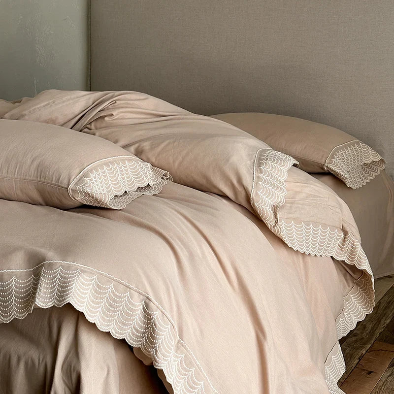 Duvet Cover Set Cotton Satin Lace Trim 4-Piece