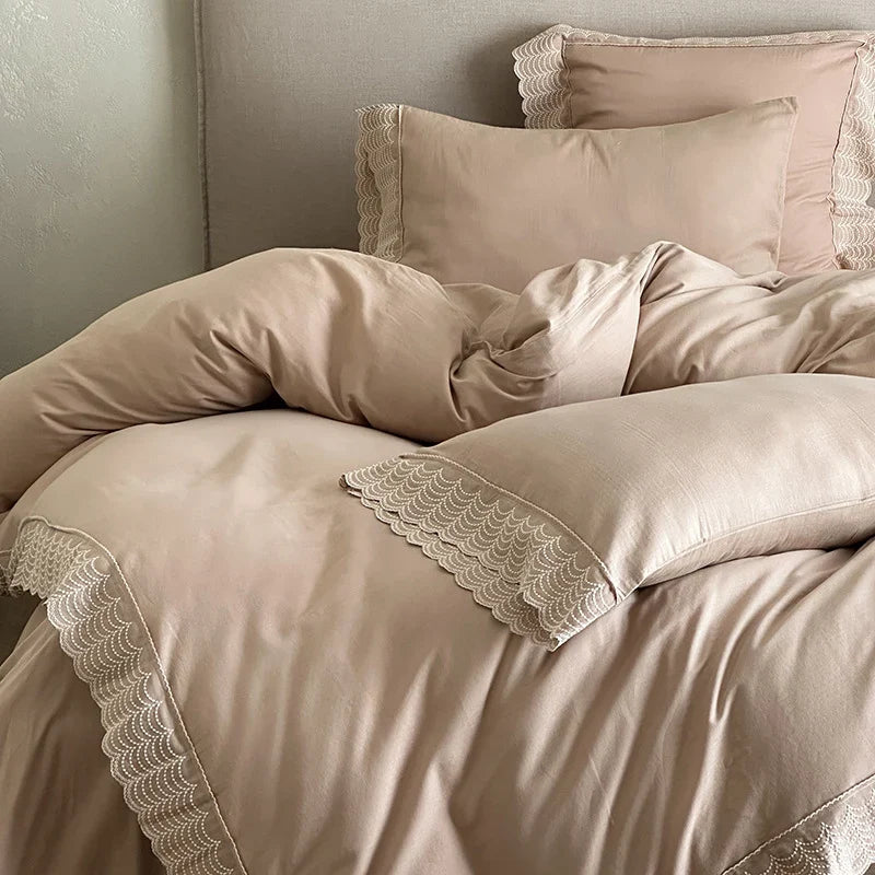 Duvet Cover Set Cotton Satin Lace Trim 4-Piece