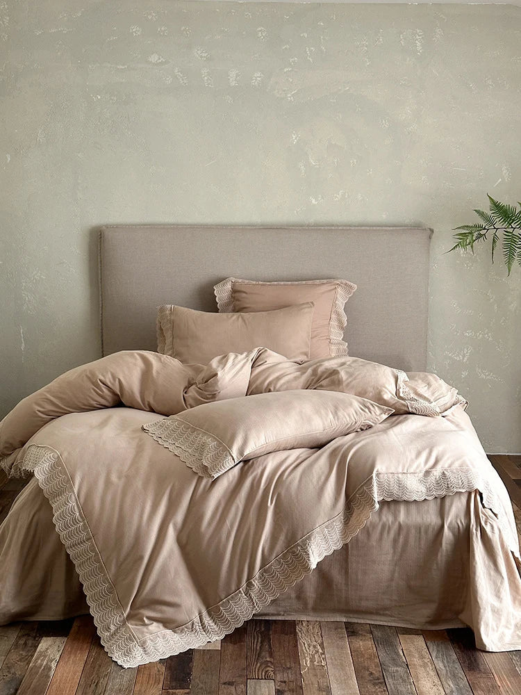Duvet Cover Set Cotton Satin Lace Trim 4-Piece