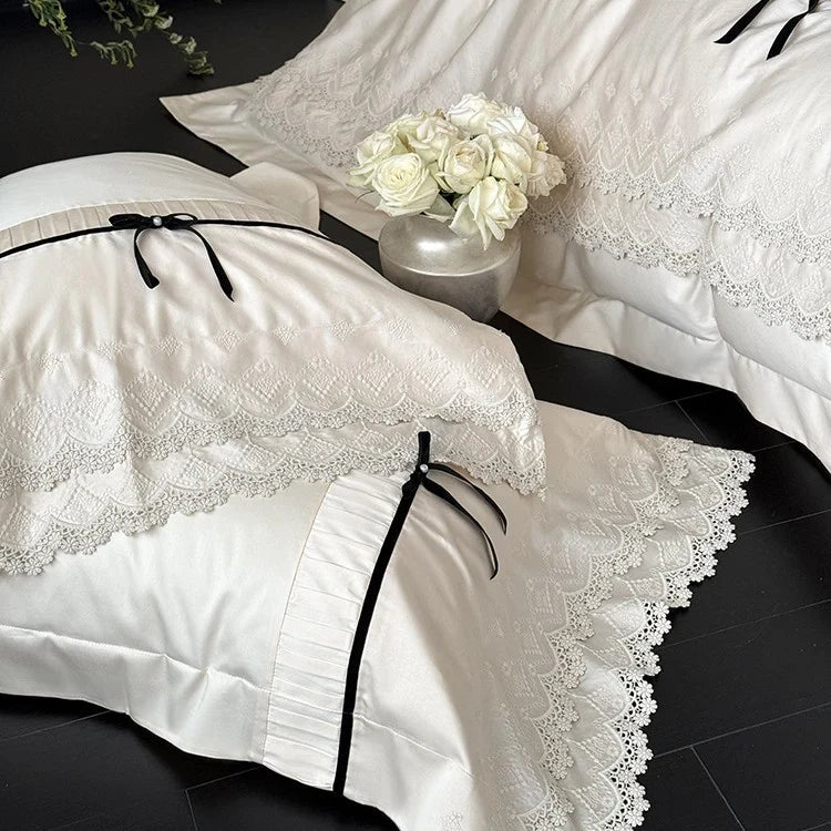 Duvet Cover Set Cotton Satin Lace Trim Hotel Closure