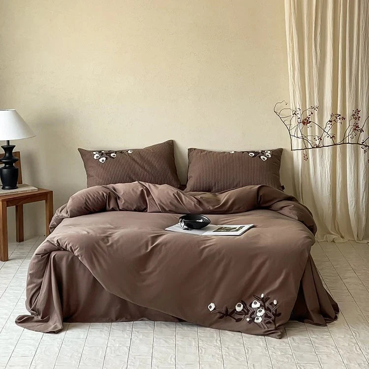 Duvet Cover Set Cotton Satin Relief Embroidery Hidden Zipper