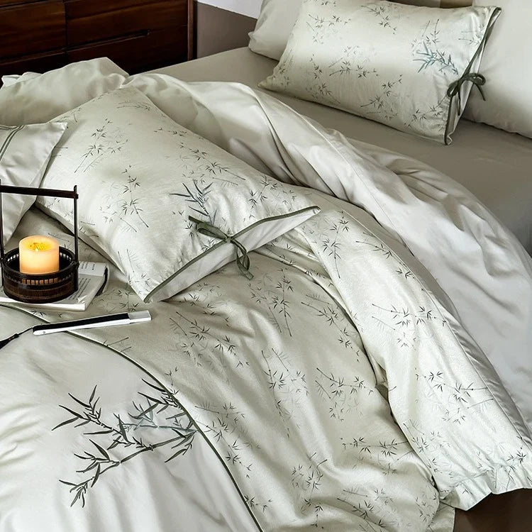 Duvet Cover Set Cotton Satin Reversible Bamboo Print