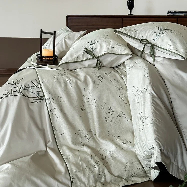 Duvet Cover Set Cotton Satin Reversible Bamboo Print