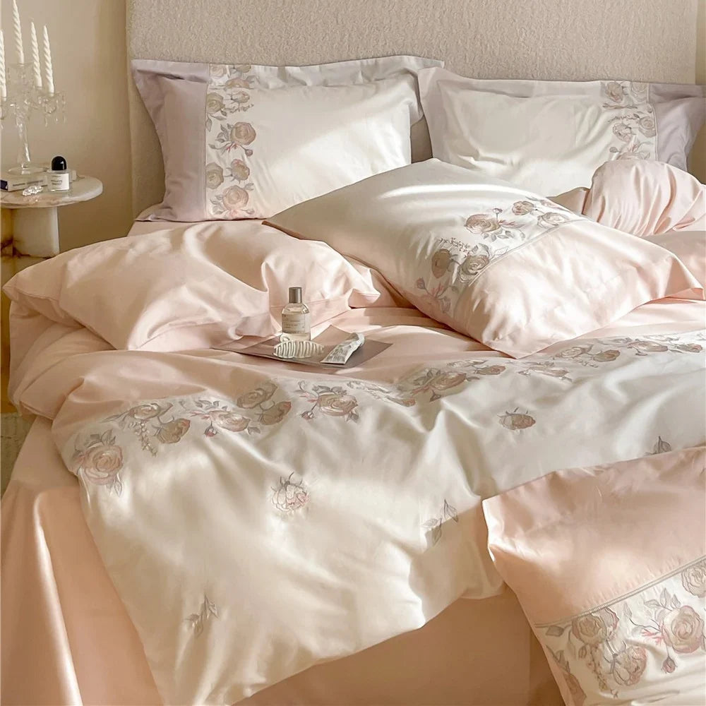 Duvet Cover Set Cotton Satin Reversible Floral Embroidery
