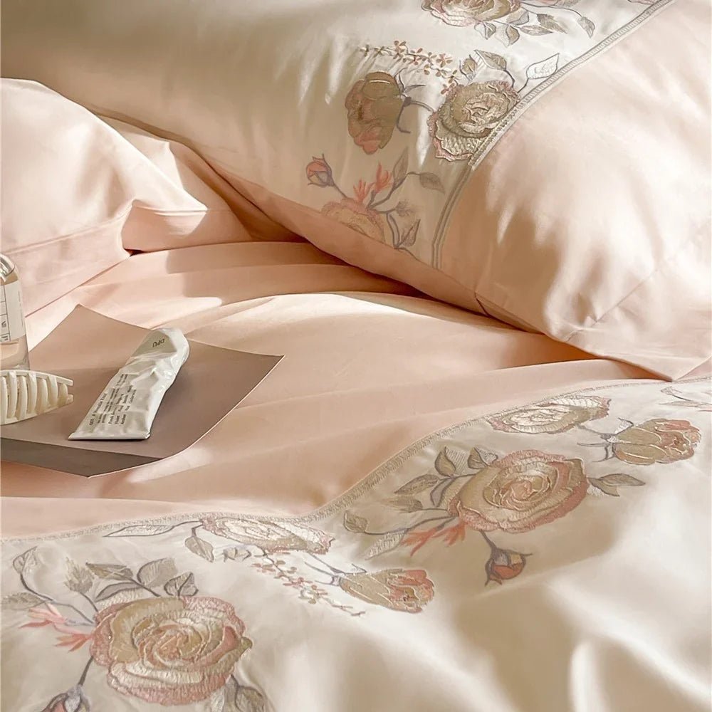 Duvet Cover Set Cotton Satin Reversible Floral Embroidery