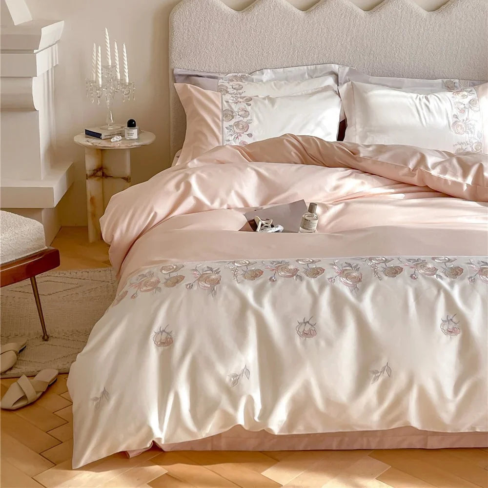 Duvet Cover Set Cotton Satin Reversible Floral Embroidery