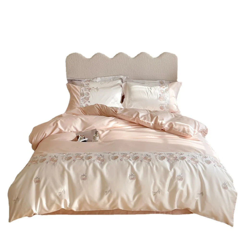 Duvet Cover Set Cotton Satin Reversible Floral Embroidery
