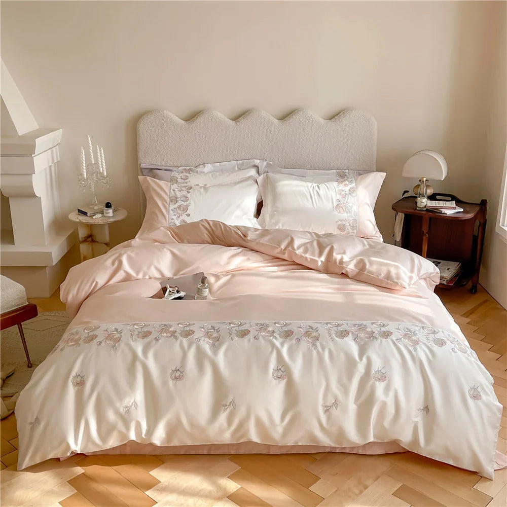 Duvet Cover Set Cotton Satin Reversible Floral Embroidery