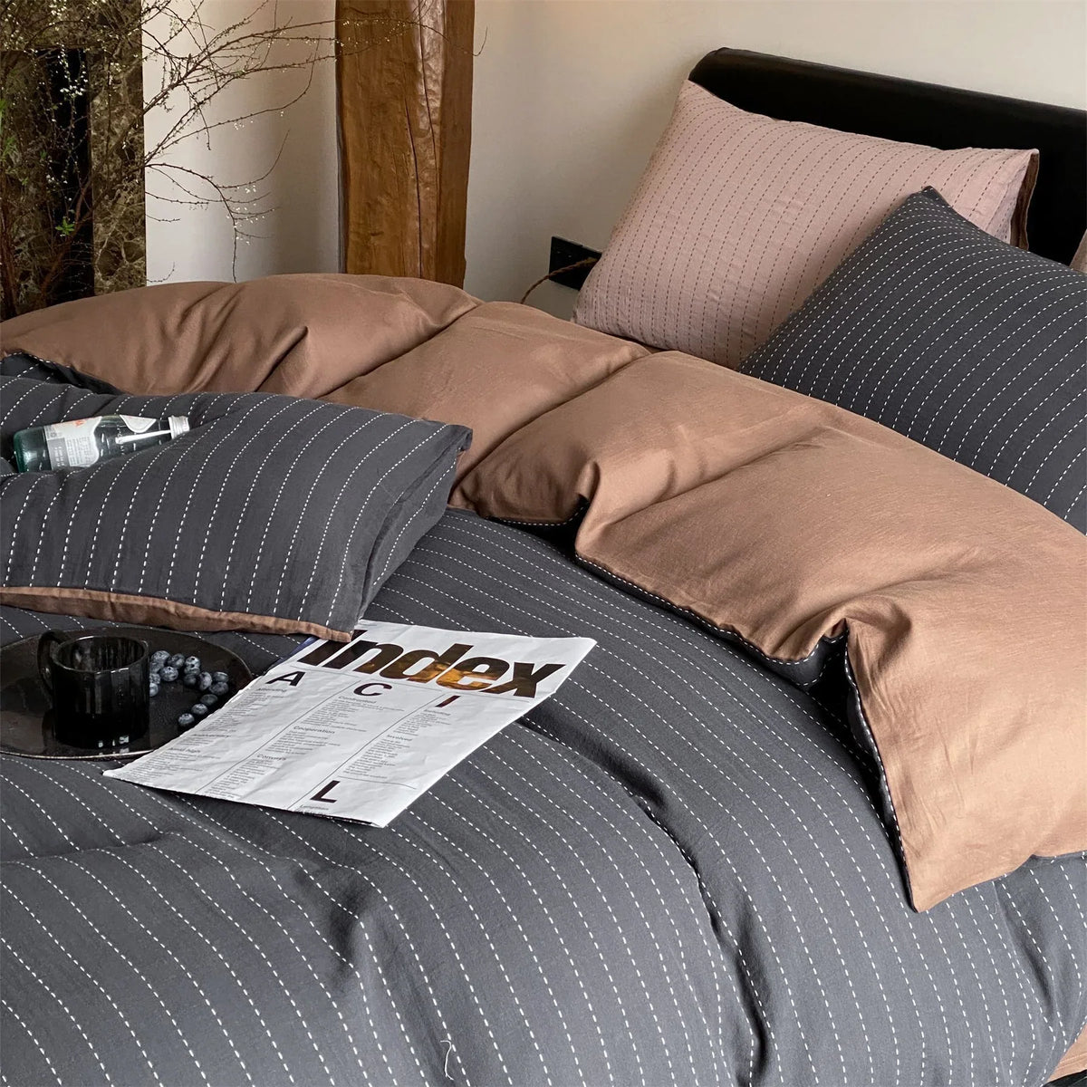 Duvet Cover Set Cotton Satin Reversible Quilted Stripe